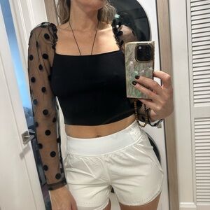 Zara Black Crop Top with Sheer Polka Dot Sleeves